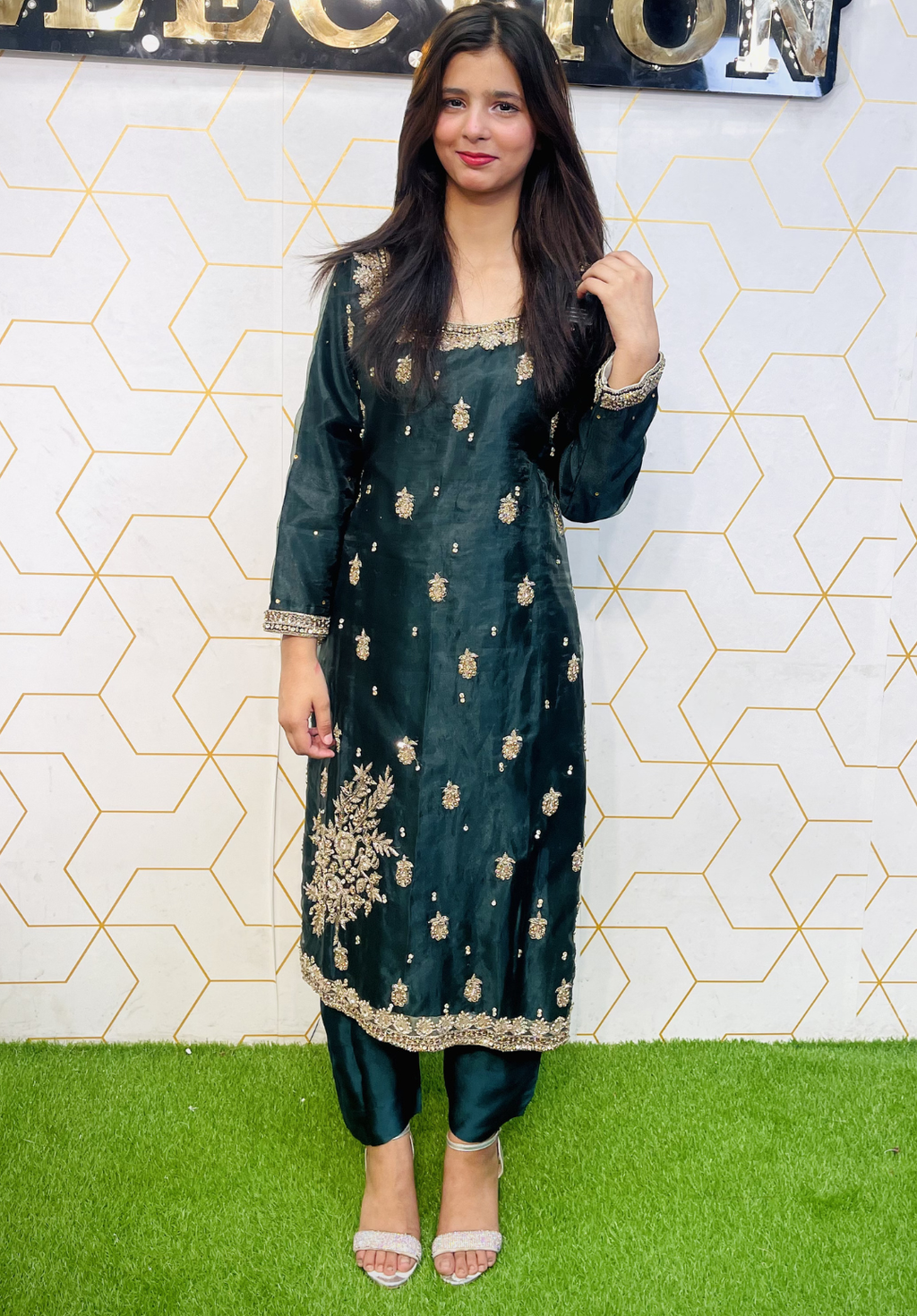 Amna Collection HS016 – Organza Party Wear Formal with Crystal & Raisham Work