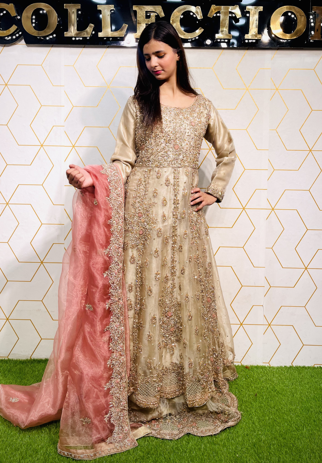 Amna Collection DE052 – Organza Bridal Walima with Crystal & Raisham Work