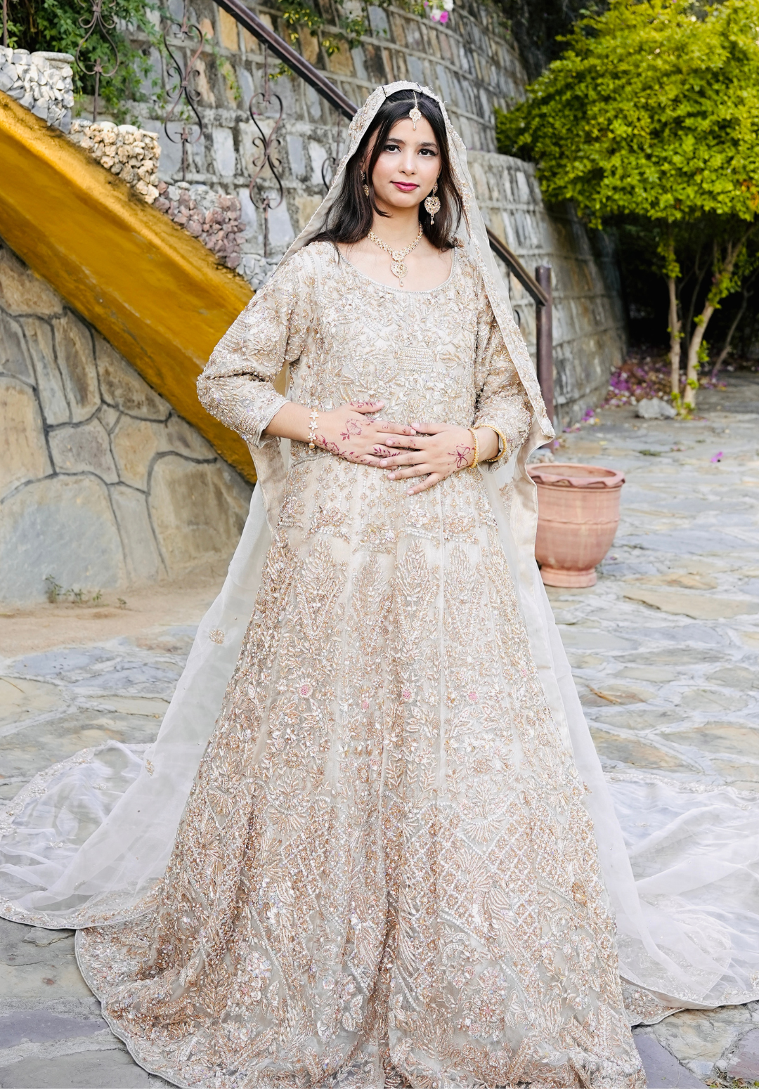 Amna Collection PQ050 – Heavy Walima Tail Maxi with Crystal, Kora Dab & Veil Dupatta