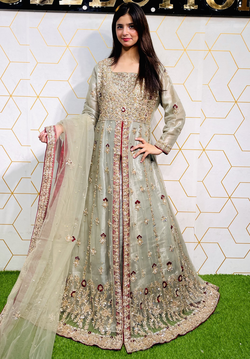 Amna Collection KK059 – Net Bridal Walima Formal with Crystal & Raisham Work