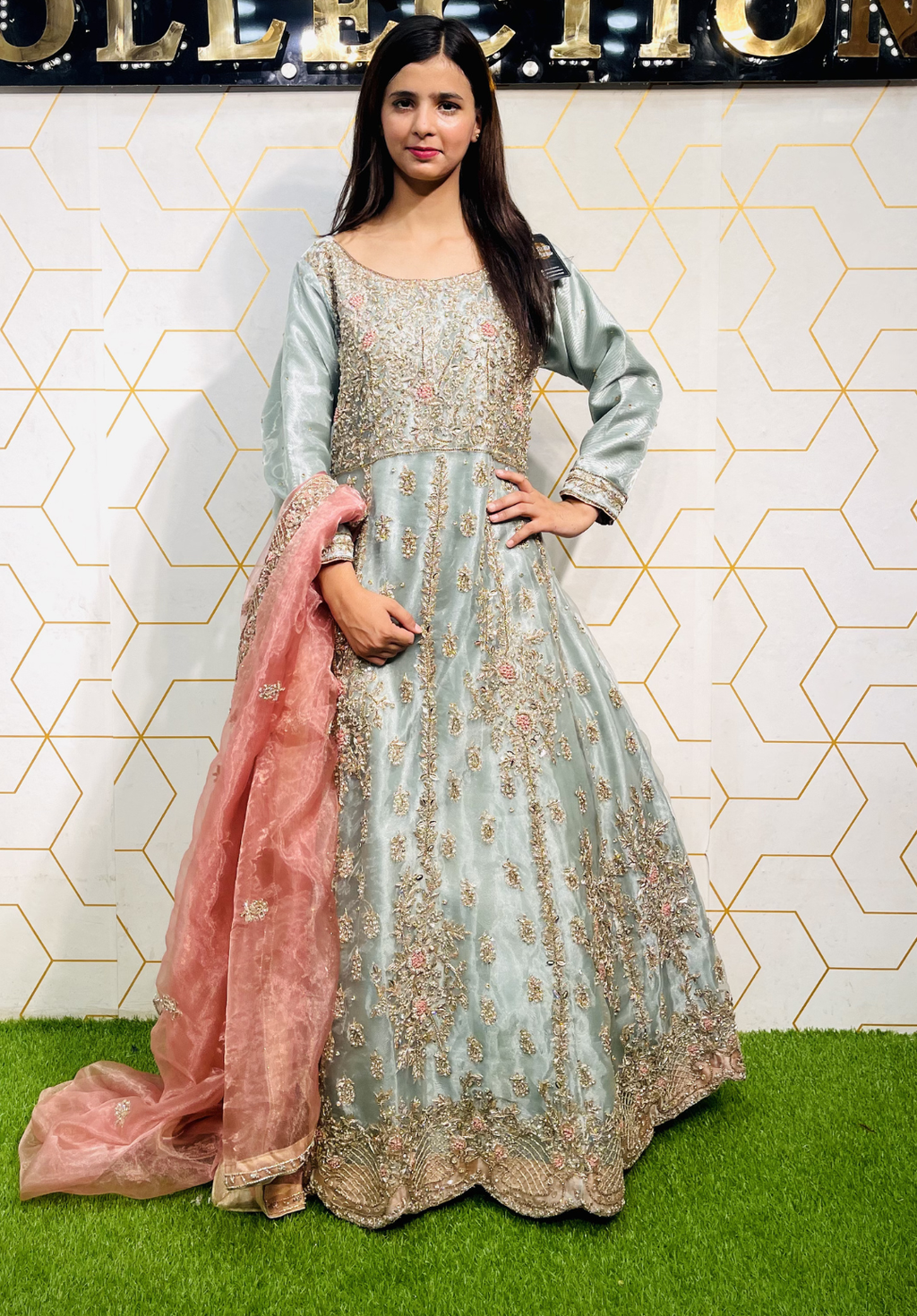 Amna Collection ZN053 – Organza Bridal Walima with Crystal & Raisham Work