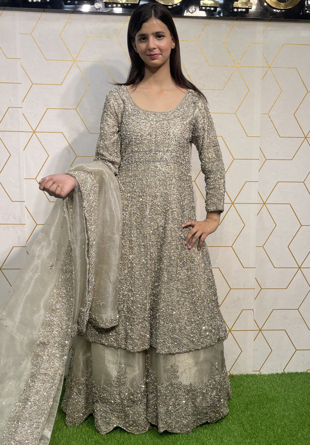 Amna Collection AA055 – Organza Bridal Walima with Crystal & Raisham Work