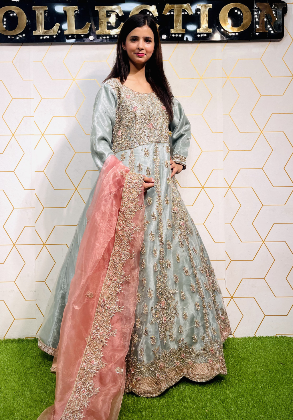 Amna Collection ZN053 – Organza Bridal Walima with Crystal & Raisham Work