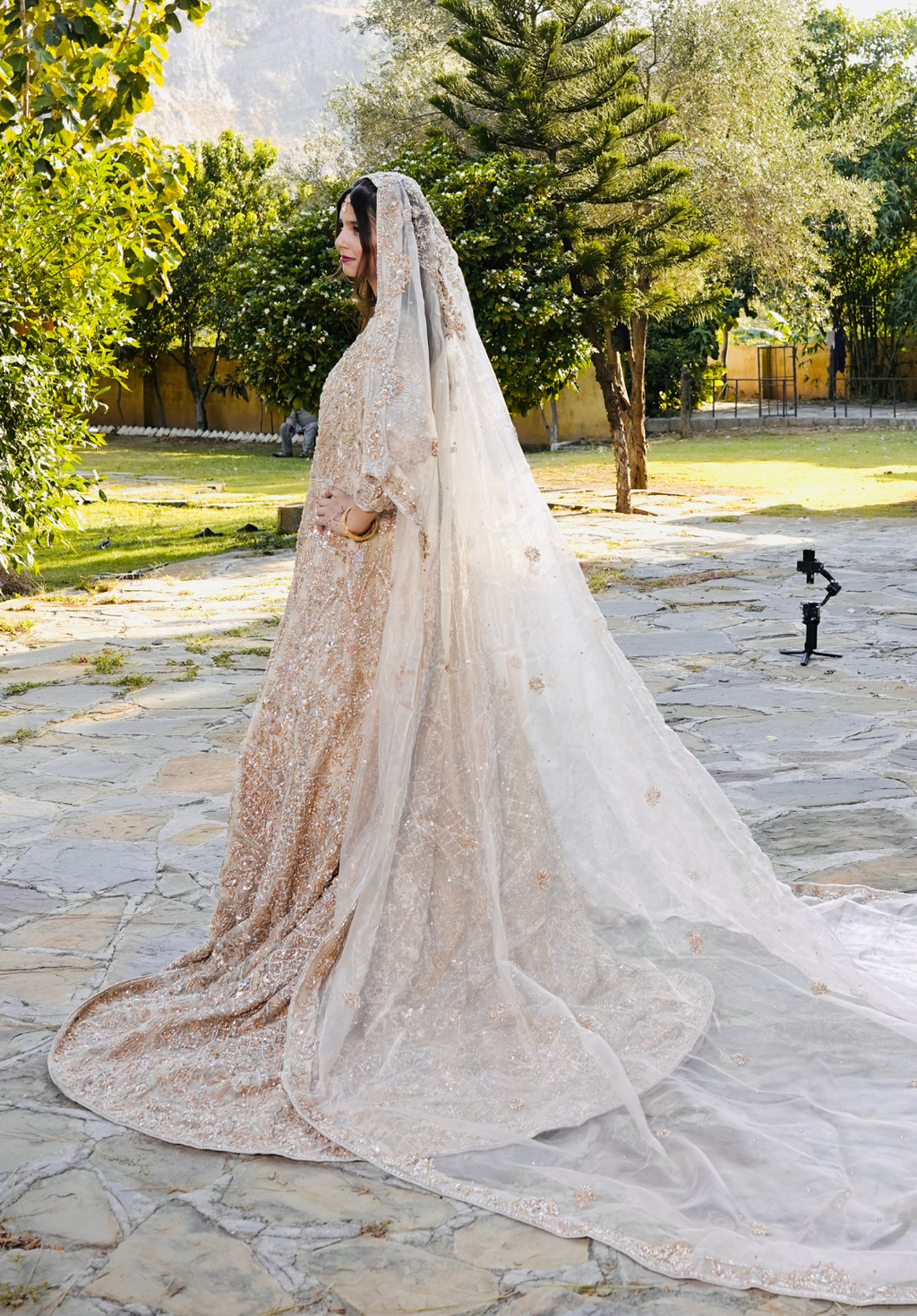 Amna Collection PQ050 – Heavy Walima Tail Maxi with Crystal, Kora Dab & Veil Dupatta