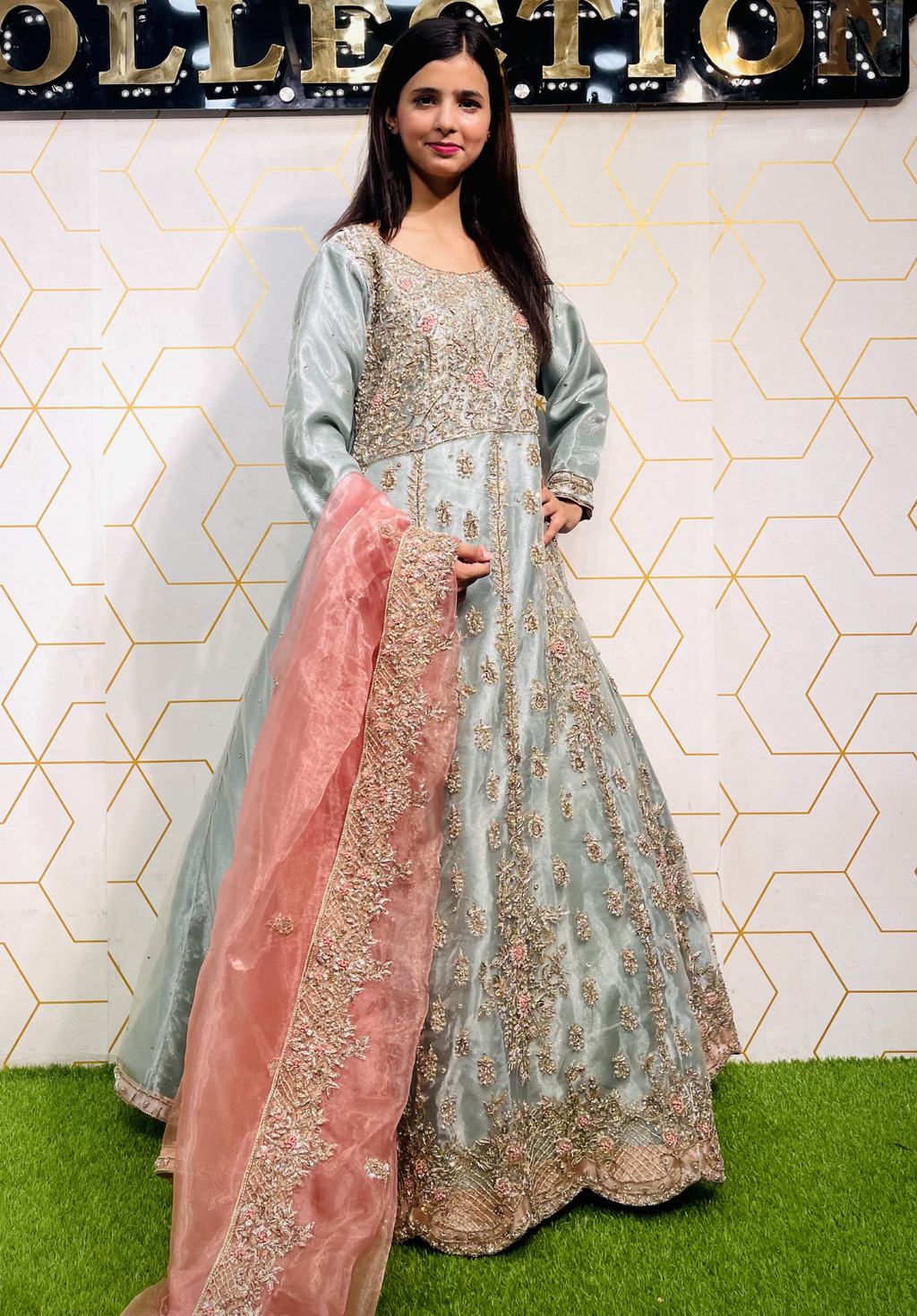 Amna Collection DE052 – Organza Bridal Walima with Crystal & Raisham Work