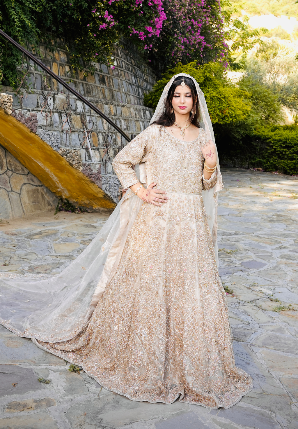 Amna Collection PQ050 – Heavy Walima Tail Maxi with Crystal, Kora Dab & Veil Dupatta