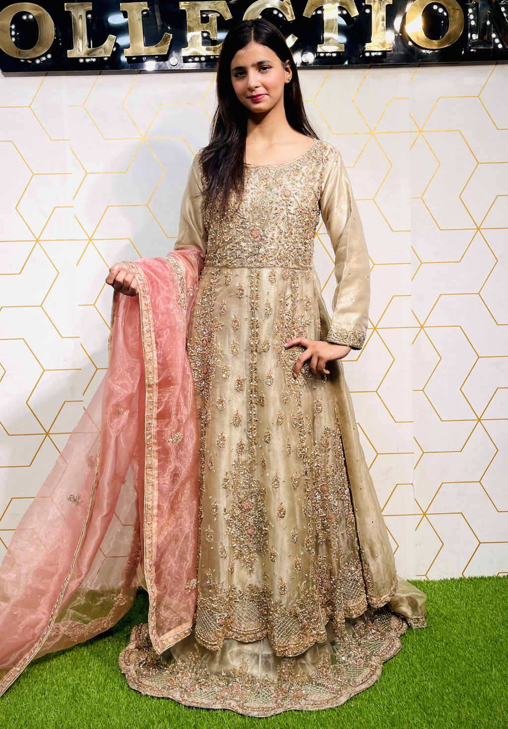 Amna Collection DE052 – Organza Bridal Walima with Crystal & Raisham Work