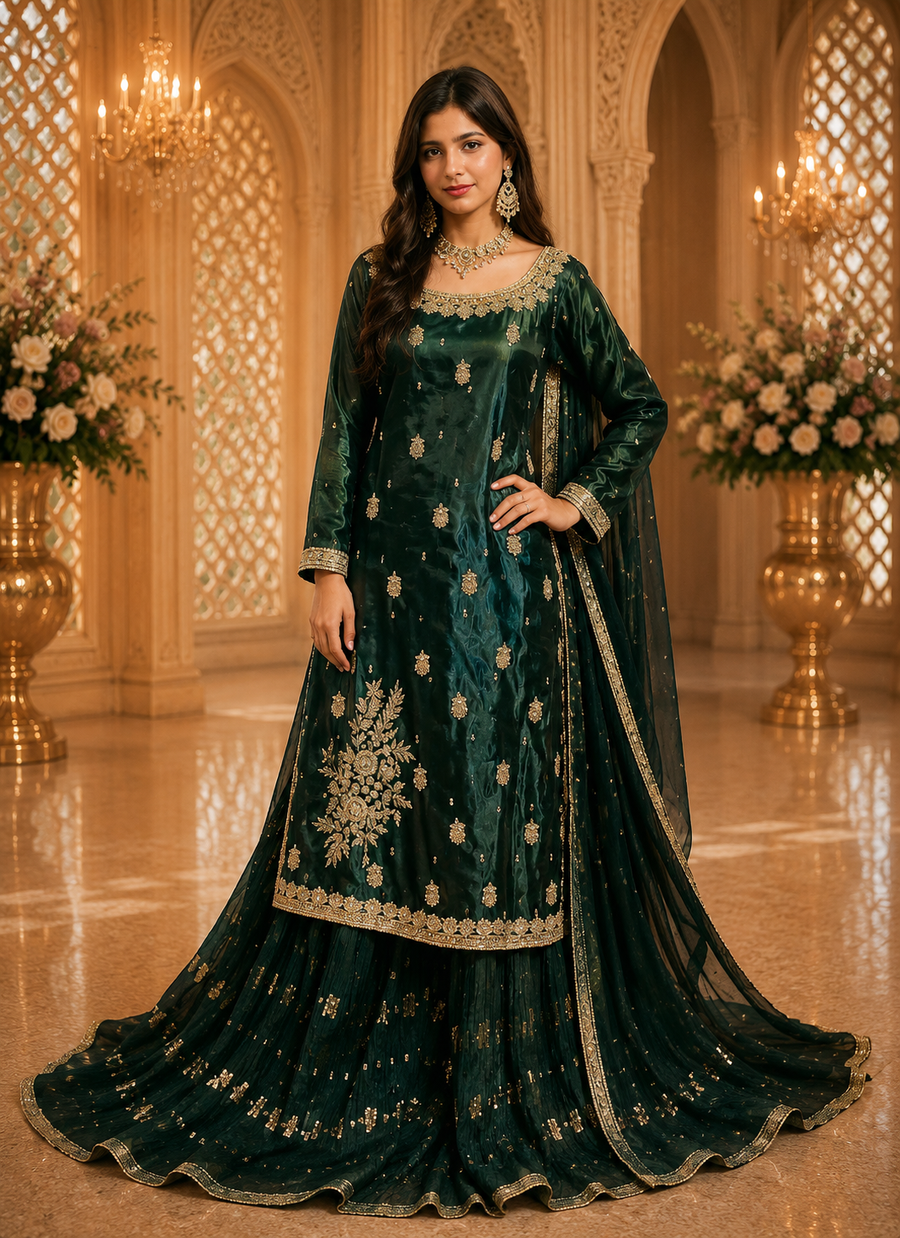 Amna Collection HS016 – Organza Party Wear Formal with Crystal & Raisham Work