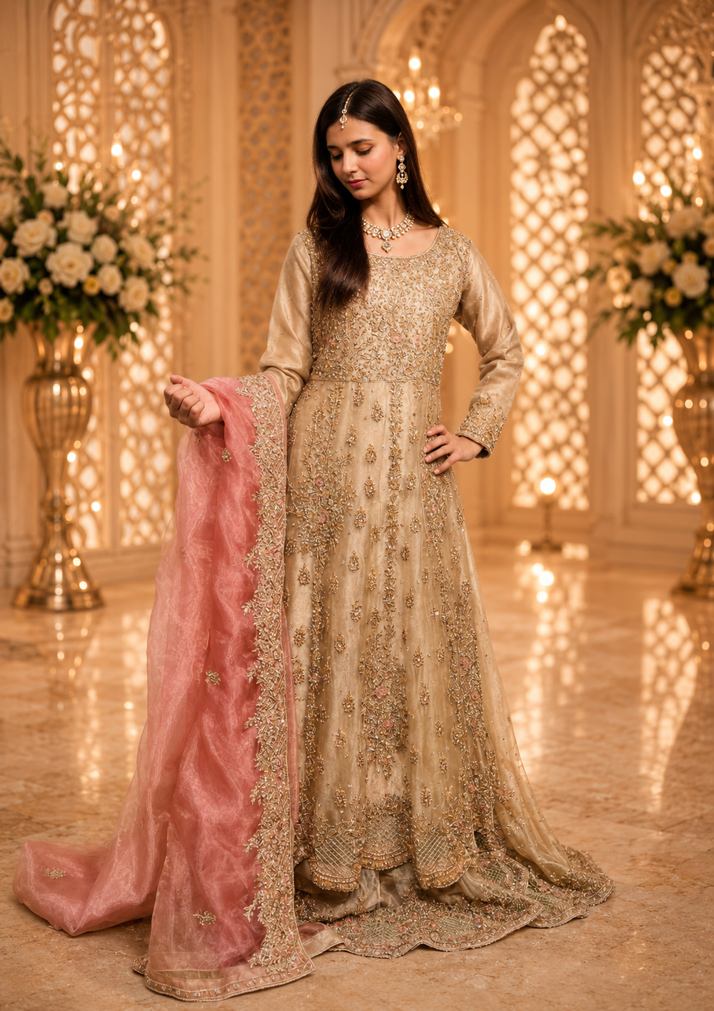 Amna Collection DE052 – Organza Bridal Walima with Crystal & Raisham Work