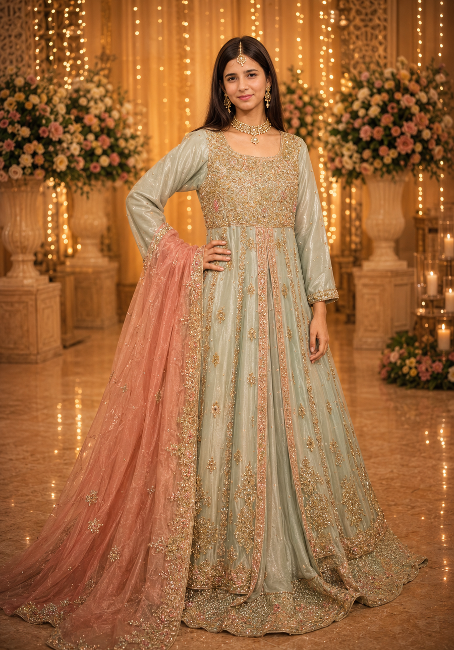 Amna Collection SS057 – Net Bridal Walima with Crystal & Raisham Work