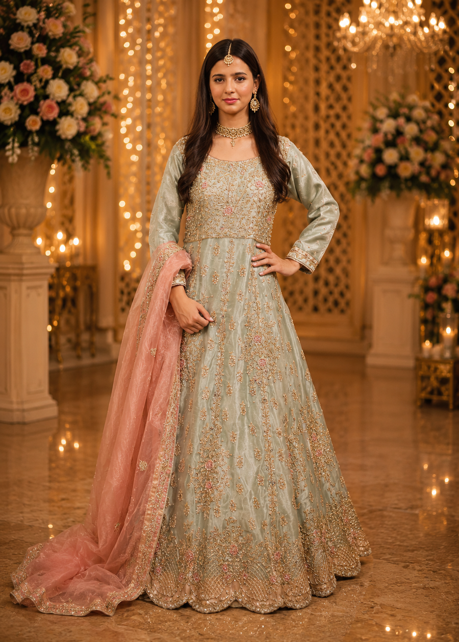 Amna Collection ZN053 – Organza Bridal Walima with Crystal & Raisham Work